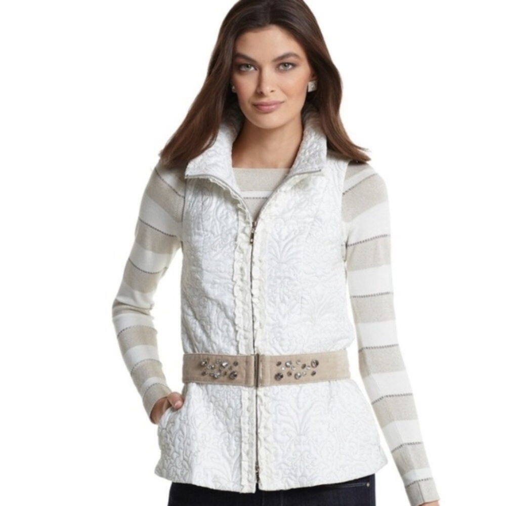 WHBM Ivory Embroidered Quilted Jeweled Belted Vest